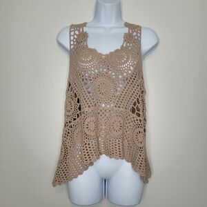 Blueivy tan crochet boho beachy asymmetrical hem festival top size small/med